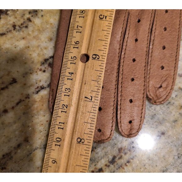 New! Women's Size S Brown Pigskin Leather Driving Gloves Knuckle Holes Stitching - Picture 10 of 12